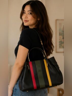 Black Tote Bag with Red, Olive and Yellow Stripes